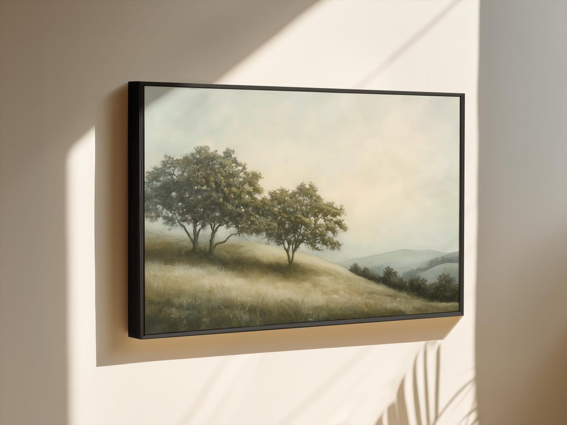Peaceful Foggy Hills Landscape Painting Minimalist Trees Wall Art - Image 2
