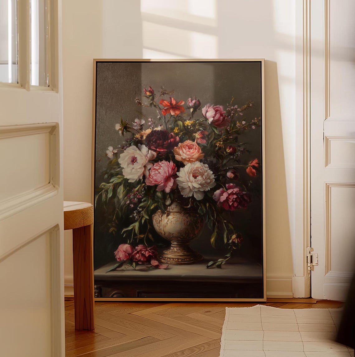 Classic Mixed Peony Bouquet Still Life Dark Vintage Wall Art - Image 4