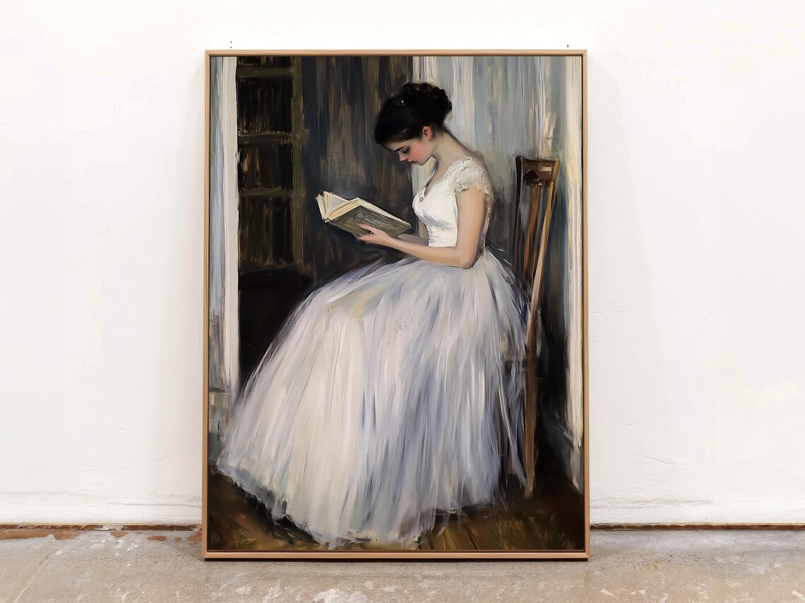 Classic Vintage Woman Reading a Book Oil Painting Elegant Wall Art - Image 5