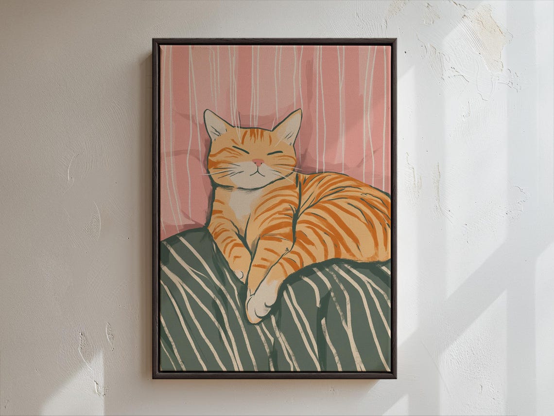 Sleepy Orange Tabby Cat Napping on a Cozy Striped Bed Poster - Image 4