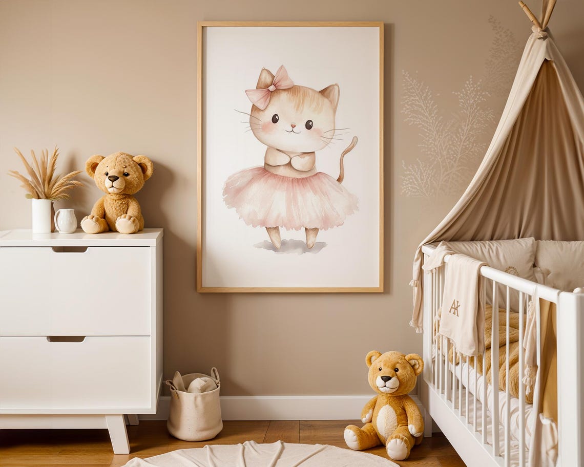 Lovely Cute Kitten Ballerina with Pink Bow Nursery Art Poster - Image 4