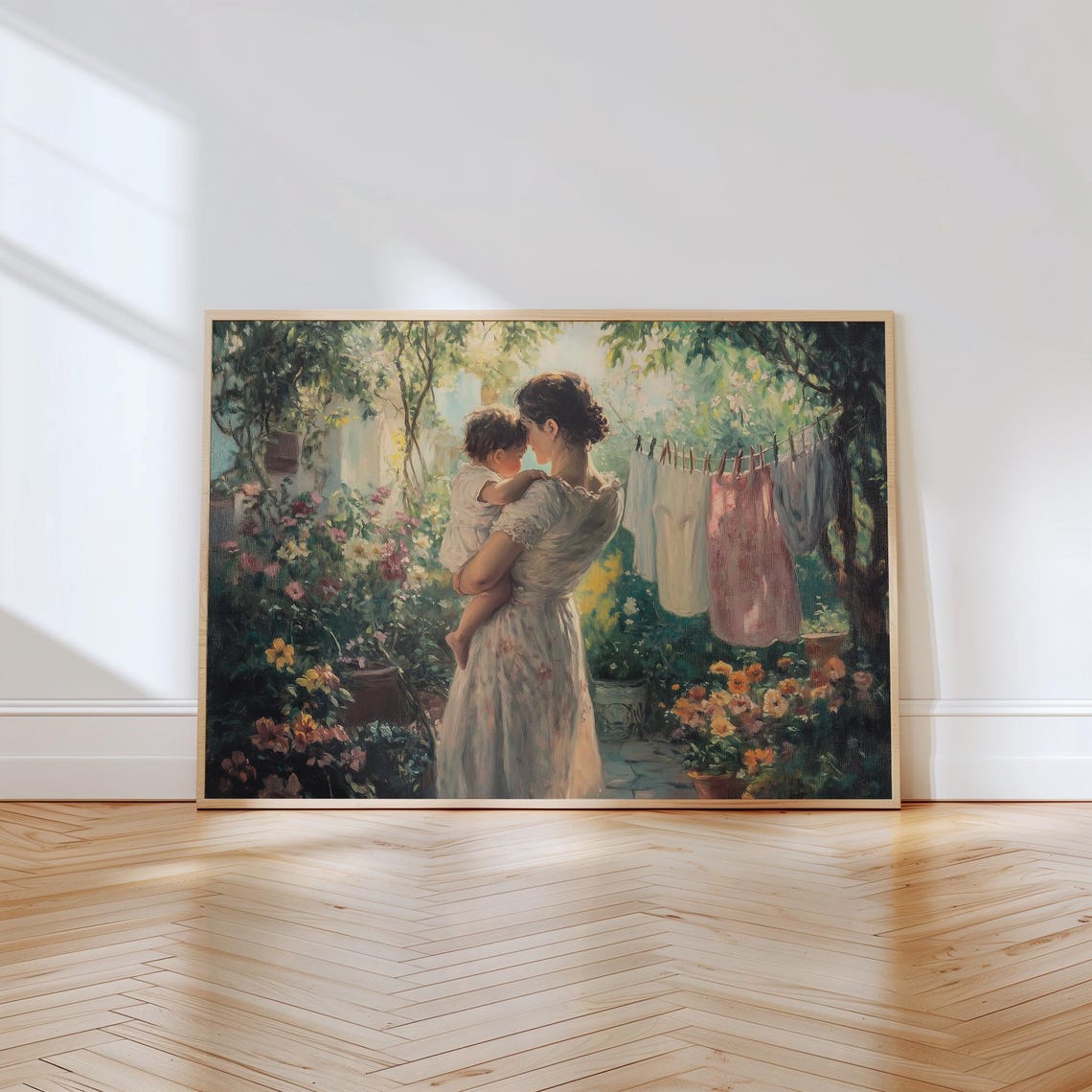 Tender Mother and Child in Garden Laundry Line Vintage Wall Art - Image 2