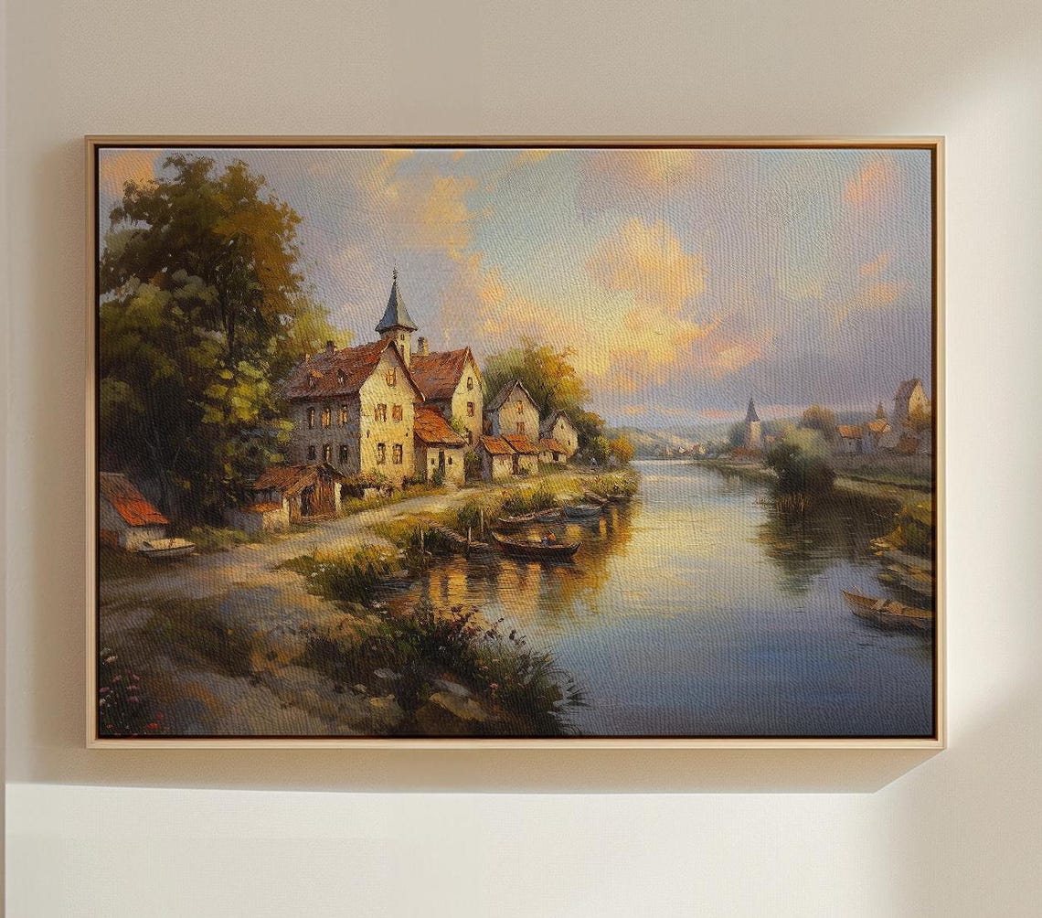 European Riverside Village at Golden Sunset Oil Painting Poster