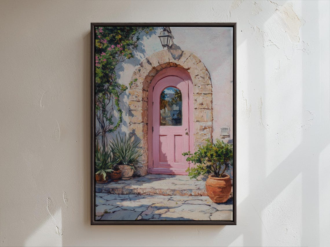 Charming Pink Door Mediterranean Street Scene Oil Painting Wall Art - Image 4