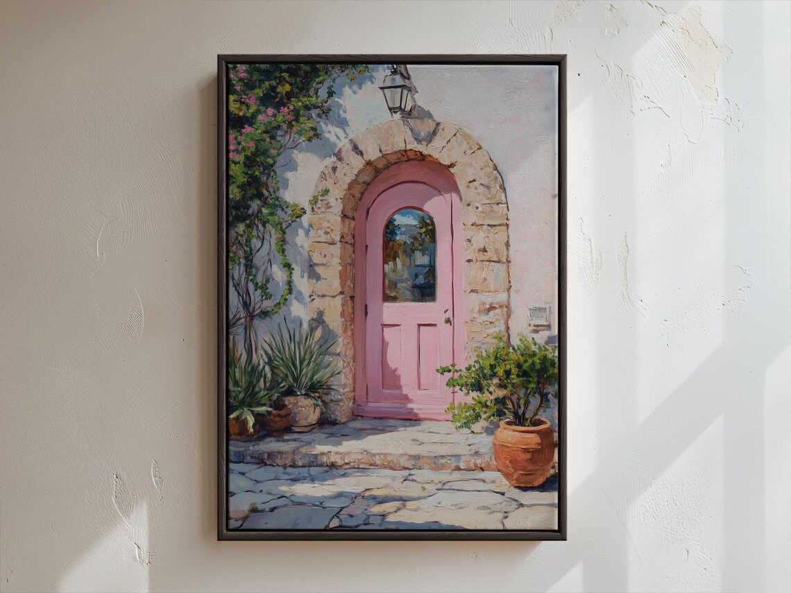 Pink Door Painting Greek Architecture Art Lush Greenery Art Stone Archway Wall Decor Travel Poster Style Art European Street Scene - Image 4