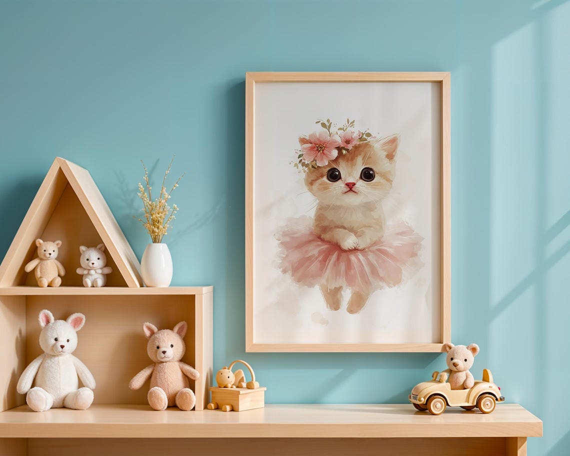 Precious Wide-Eyed Kitten Ballerina in Pink Tutu Nursery Art Poster