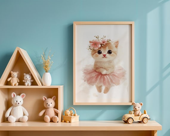 Precious Wide-Eyed Kitten Ballerina in Pink Tutu Nursery Art Poster
