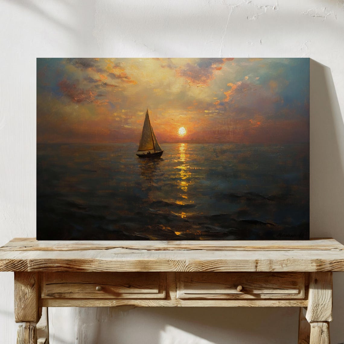 Lone Sailboat at Sunset over Golden Hour Ocean Seascape Wall Art - Image 5