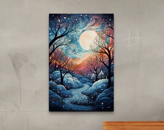 Starry Winter Night Full Moon Snowy Hills Whimsical Art Poster