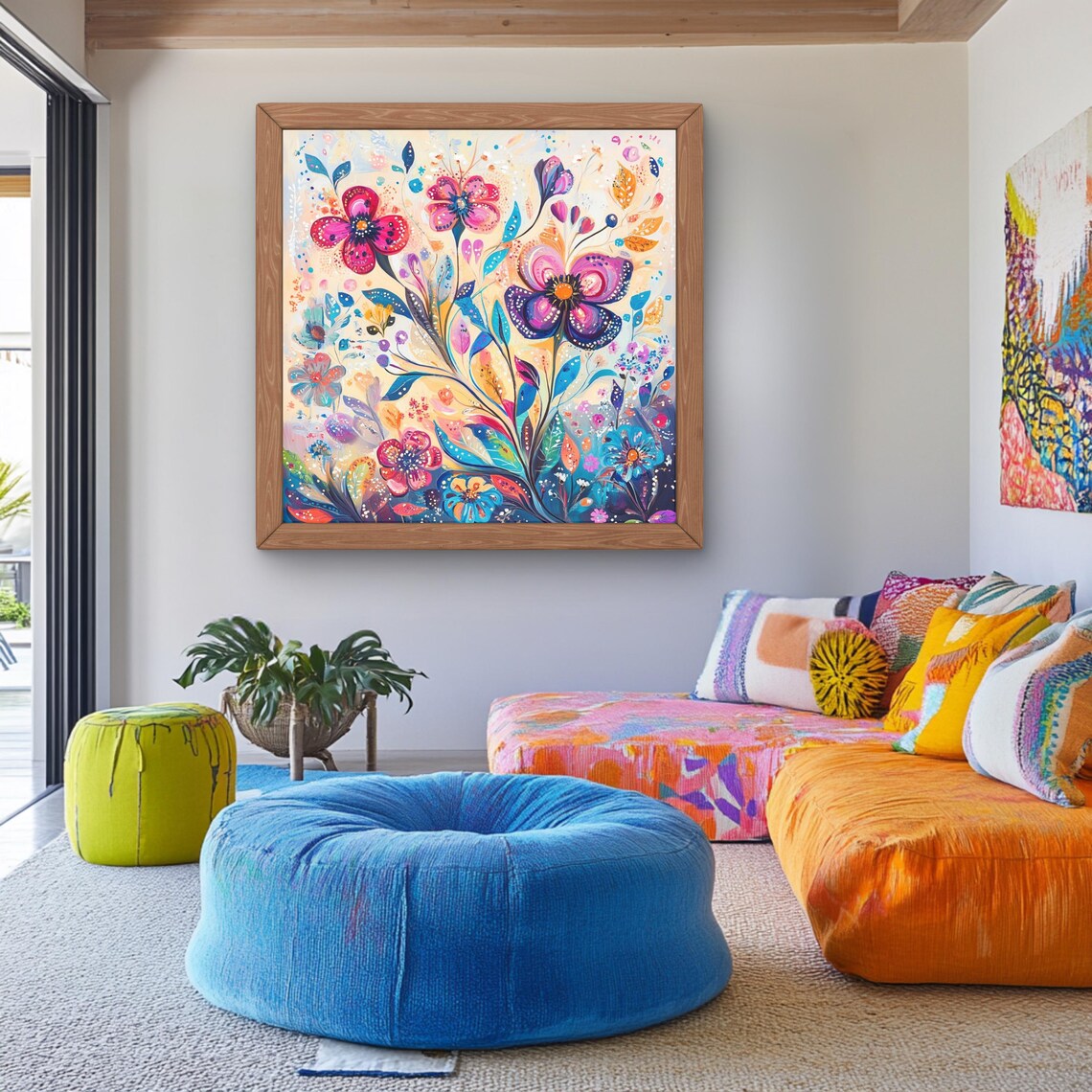 Mid Century Boho Floral Art Print, Abstract Painting