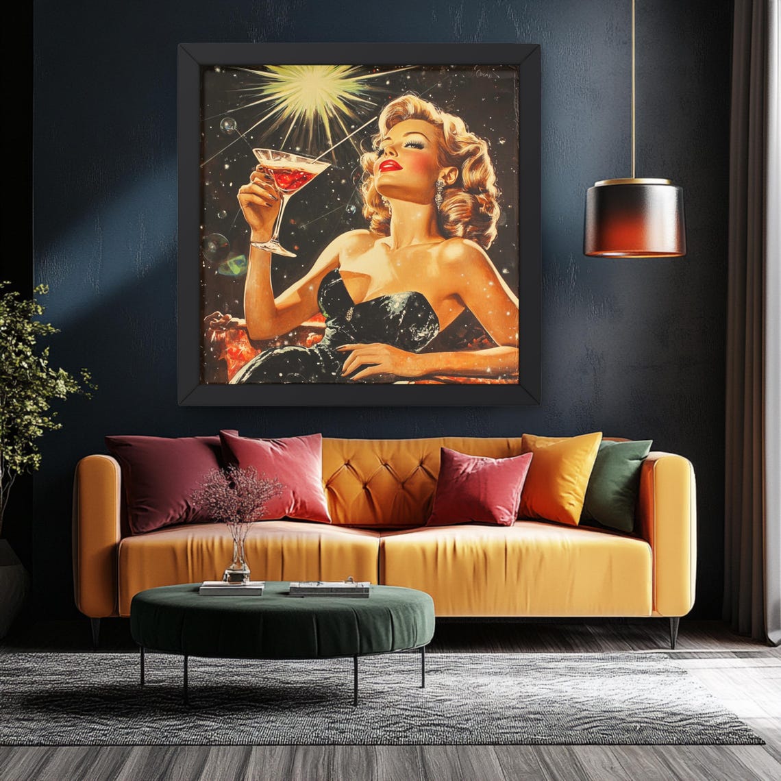 Cosmic Glam Retro Pinup Girl Cocktail Space Starburst Wall Art