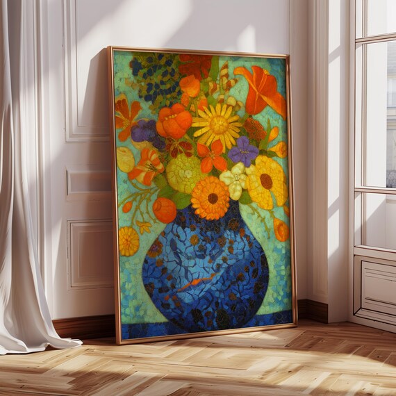Mosaic Flower Bouquet Blue Vase Colorful Abstract Floral Wall Poster