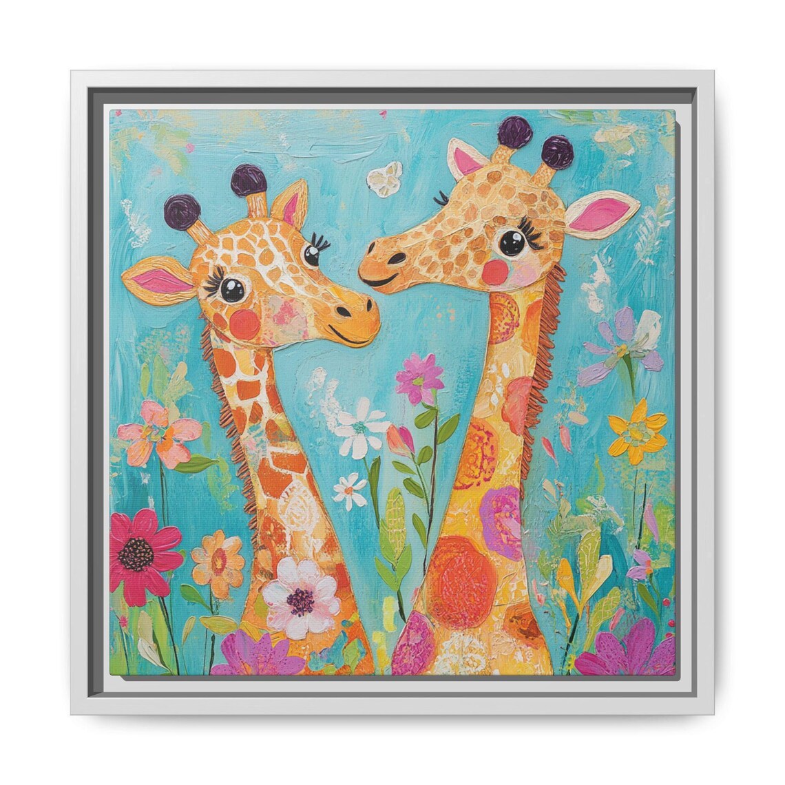 Two Baby Giraffes Floral Nursery Whimsical Kids Room Decor Poster