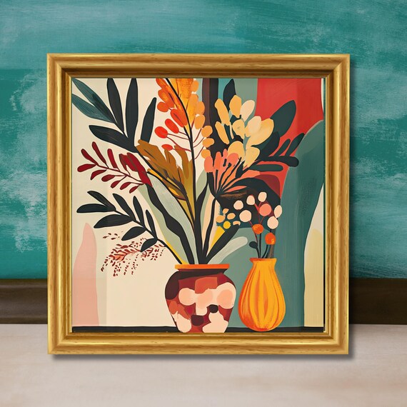 Mid Century Modern Floral Wall Art Colorful Abstract Geometric Decor Bold Retro Botanical Print Vase And Flowers Artwork
