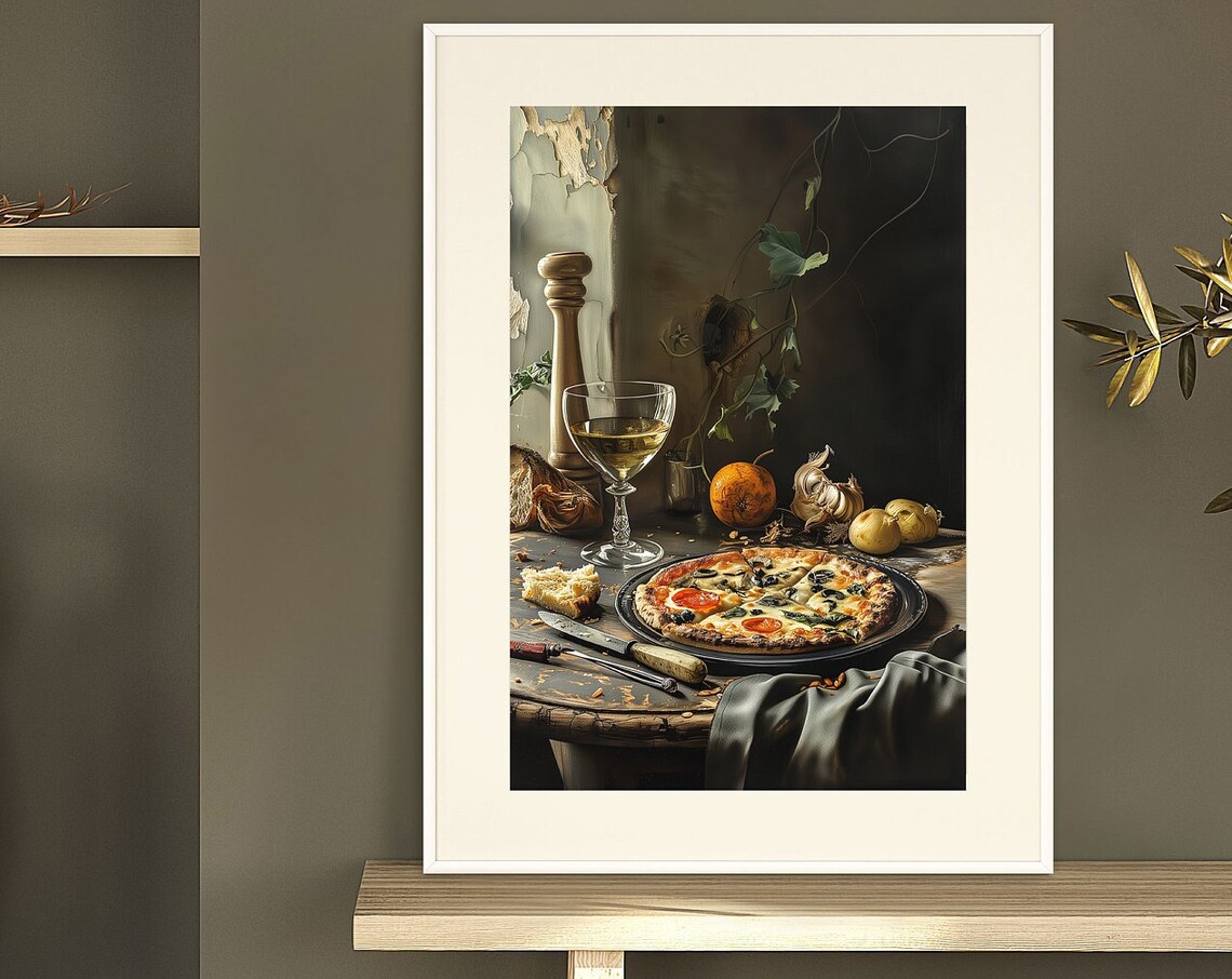 Moody Pizza Still Life With Wine Vintage Dark Oil Painting Poster