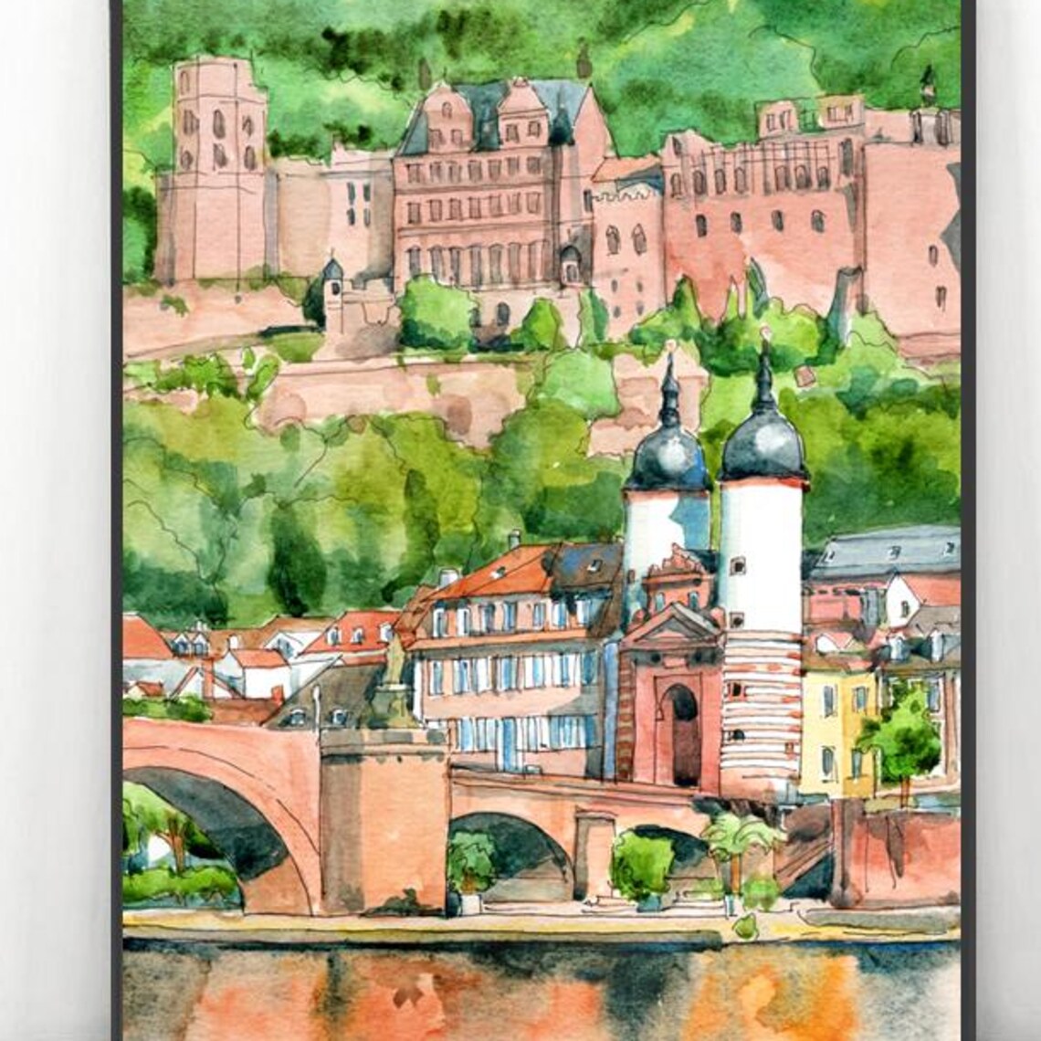 Heidelberg Watercolor Travel Poster, Castle Wall Art