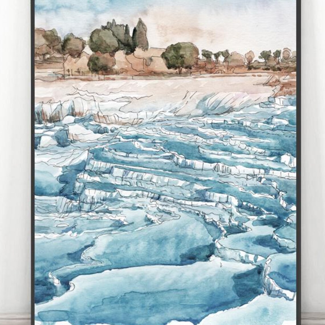 Blue Travertine Terrace Hot Springs Watercolor Nature Poster