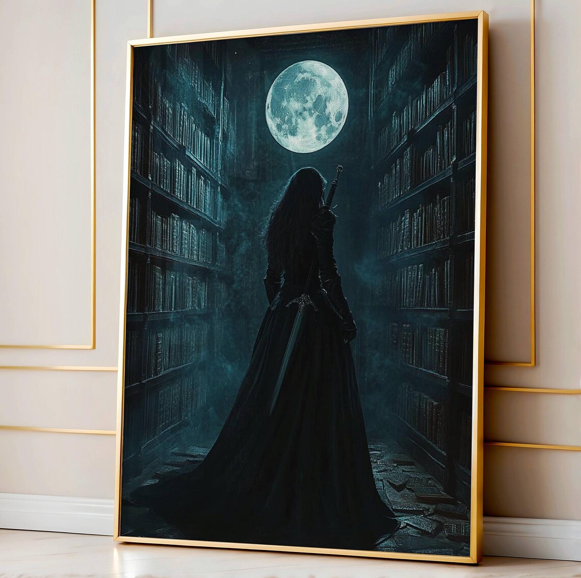 Moonlit Library Knight Art Print, Dark Academia