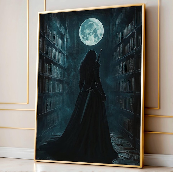 Moonlit Library Knight Art Print, Dark Academia