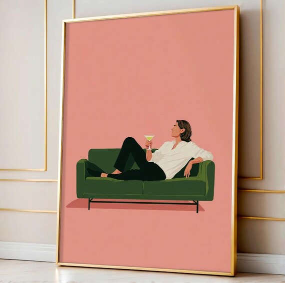 Man With Wall Art Flat Illustration On Green Couch Pink Minimalist Bar Decor Confident Lounge Vibe Modern Masculine Print