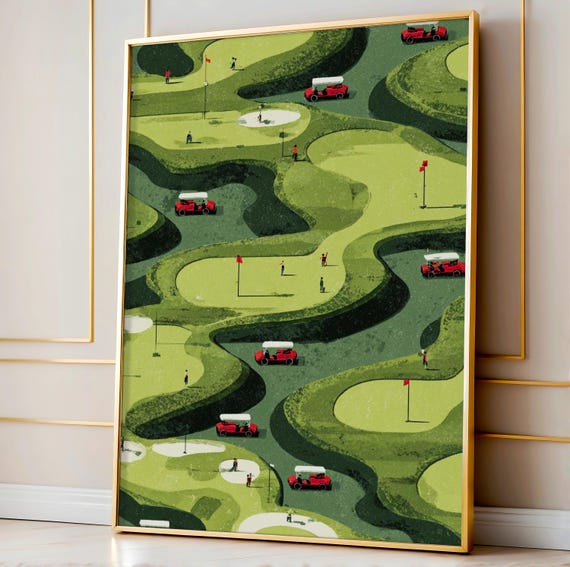 Golf Clubhouse Wall Print Tiny Golfers Aerial Art Minimalist Green Course Poster Abstract Sports Decor Vintage