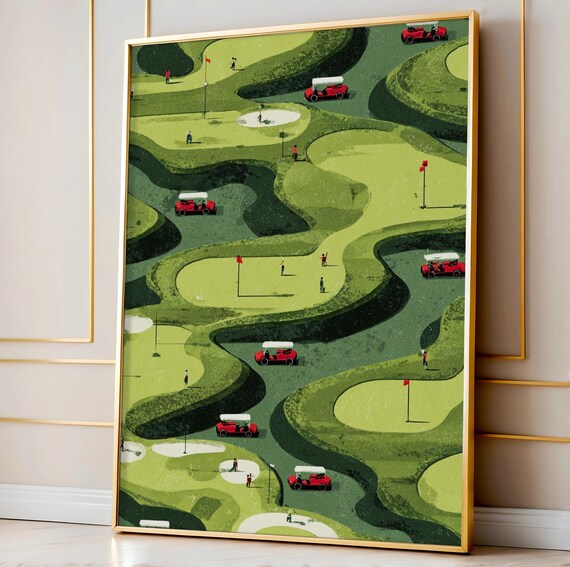 Vintage Golf Clubhouse Aerial Red Carts Course Poster Wall Decor