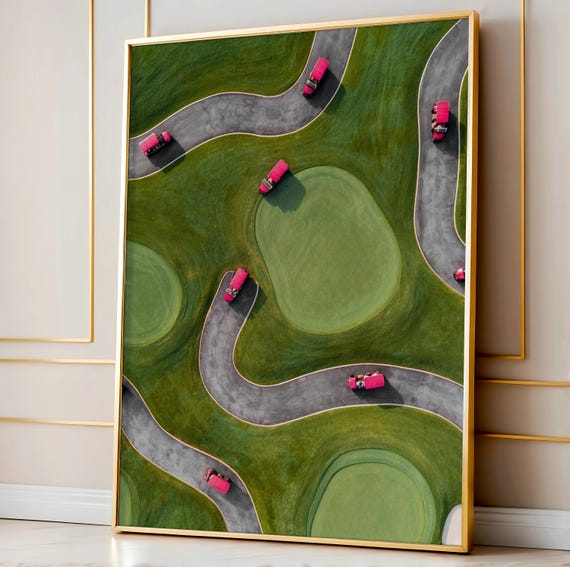 Golf Cart Path Wall Art Minimalist Abstract Course Print Vintage Aerial Sports Decor Landscape