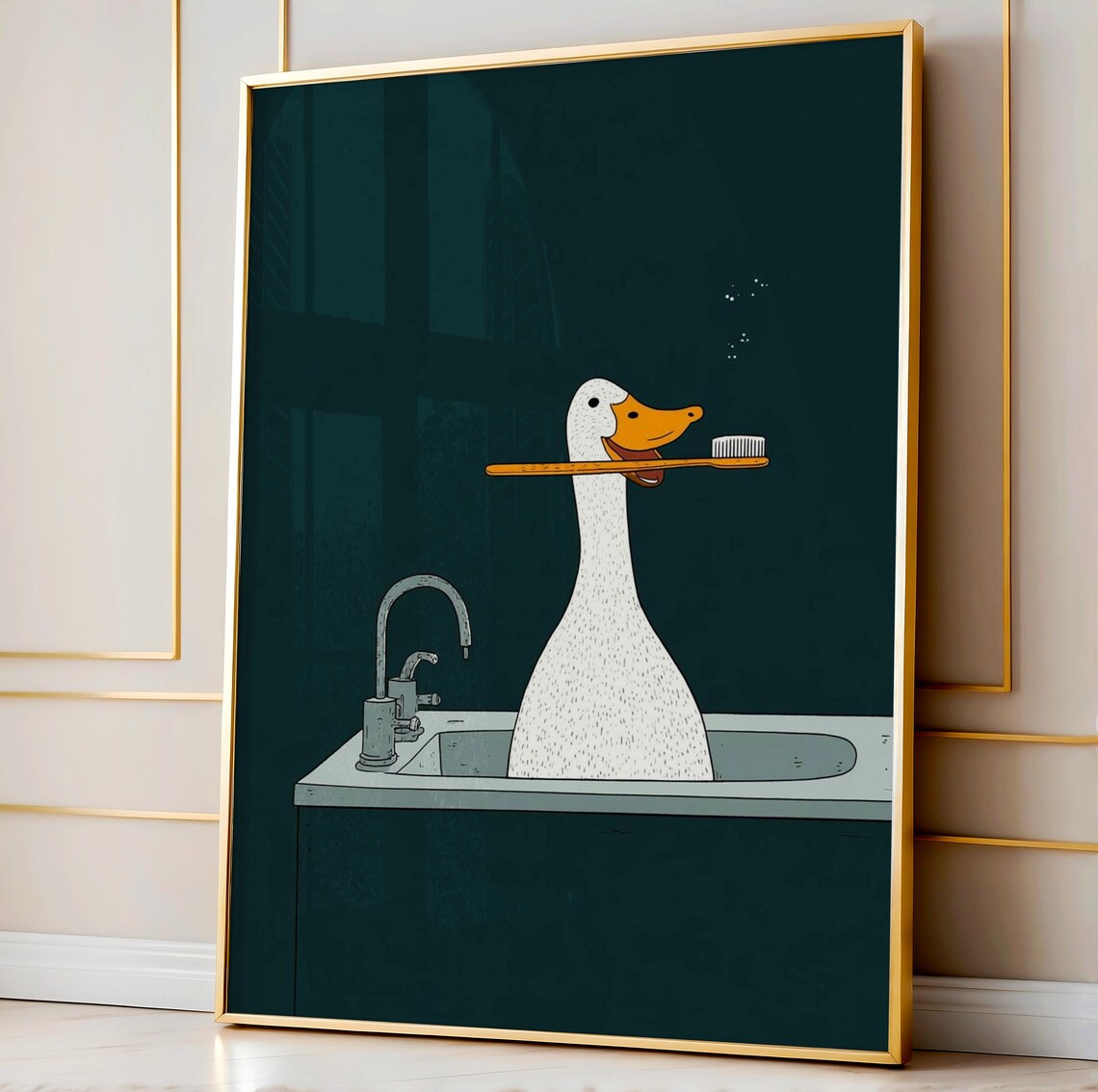Silly Goose Brushing Teeth Wall Decor Funny Bathroom Art Print Dark Green Nursery Kids