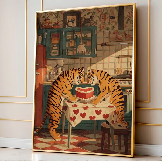 Couple Tiger Art Print Maximalist Kitchen Decor Whimsical Retro Cake Poster Cozy Wall Dopamine Animal