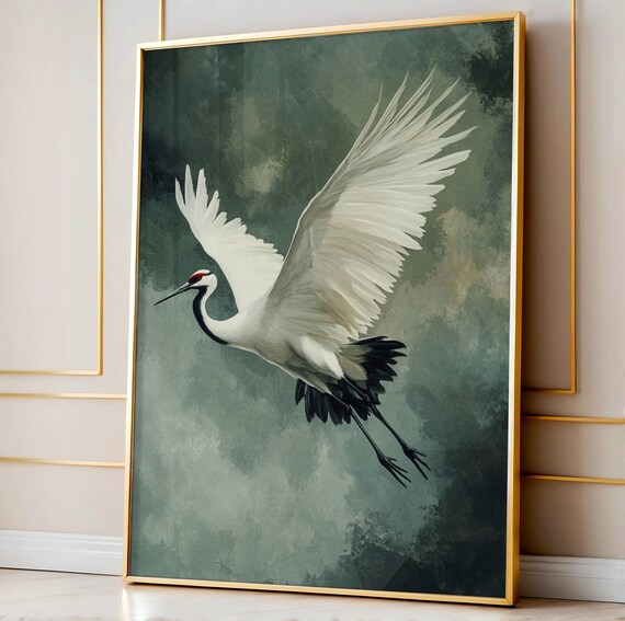 Flying Crane Wall Art Japanese Bird Poster Vintage Nature Painting Japandi Decor Dark Green Illustration