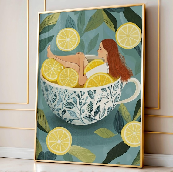 Woman in Lemon Teacup Botanical Citrus Whimsical Kitchen Art Poster