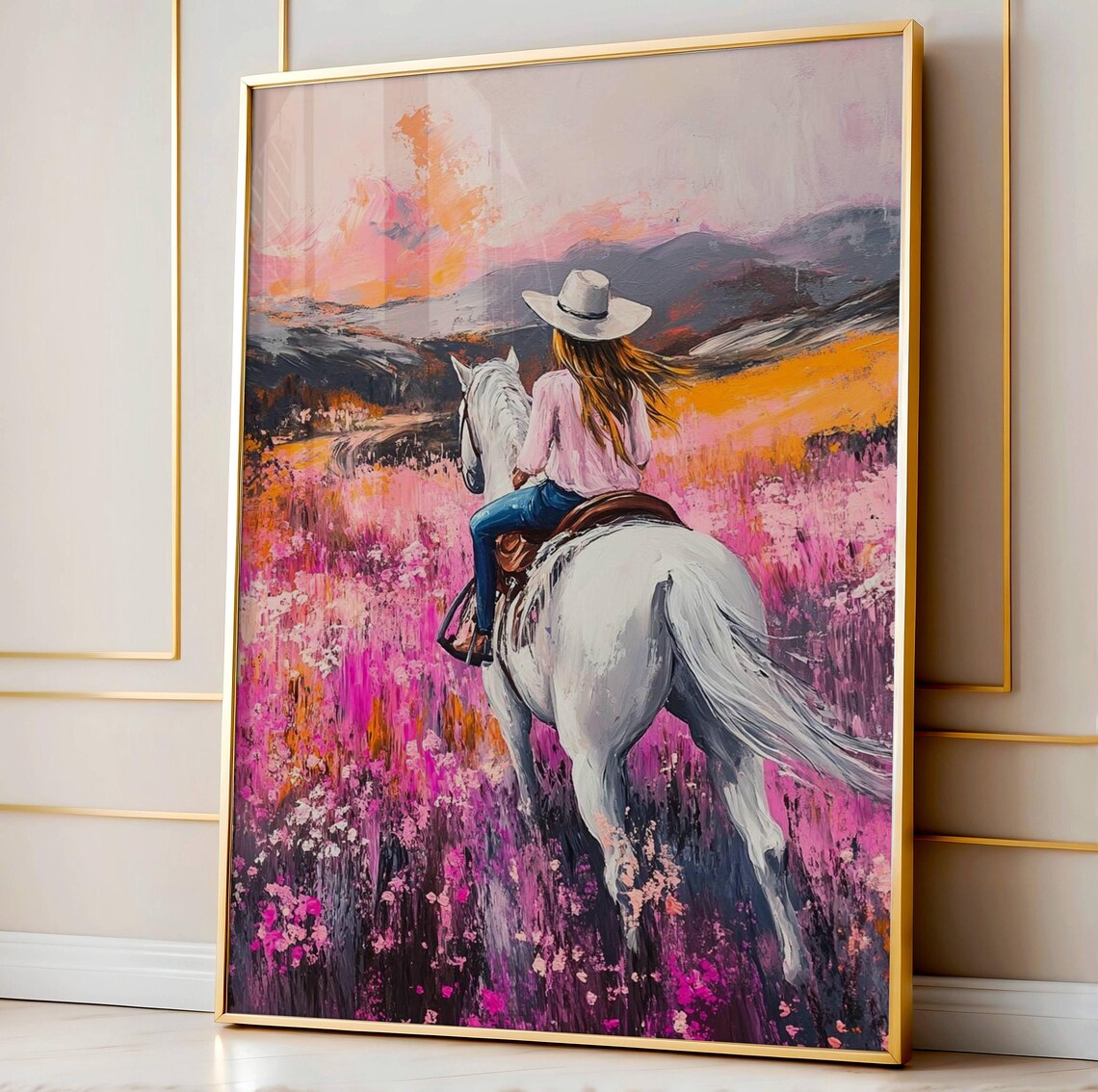 Cowgirl Riding White Horse Sunset Purple Field Vintage Poster