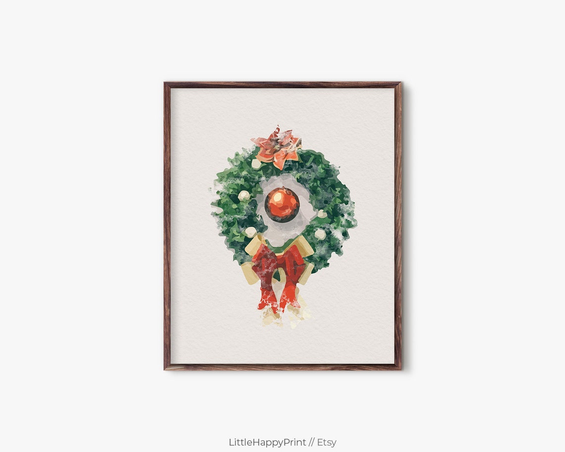 Watercolor Christmas Wreath Red Bow Rustic Minimalist Holiday Wall Art