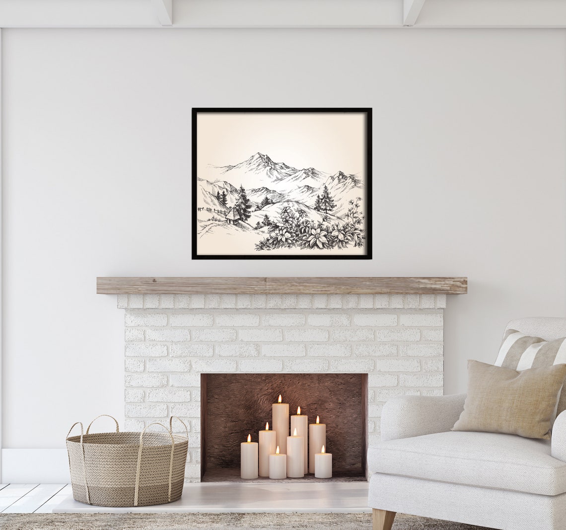 Black And White Beautiful Mountain And Village Home Decor Farmhouse Home Decor Country Style Home Art - Image 3
