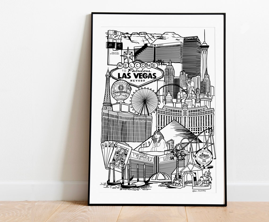 Las Vegas Famous Strip Landmarks Black and White Line Artwork Poster
