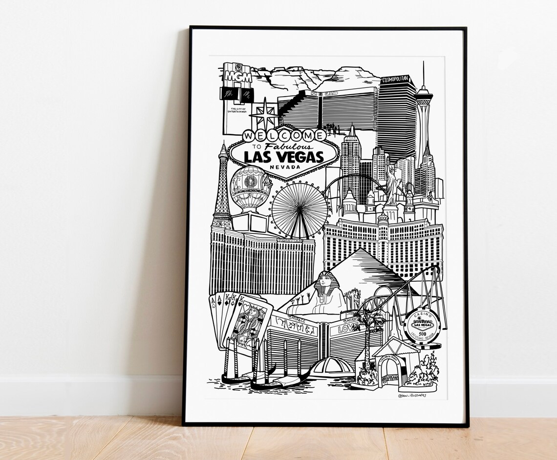 Las Vegas Skyline Print Black And White Landmark Illustration
