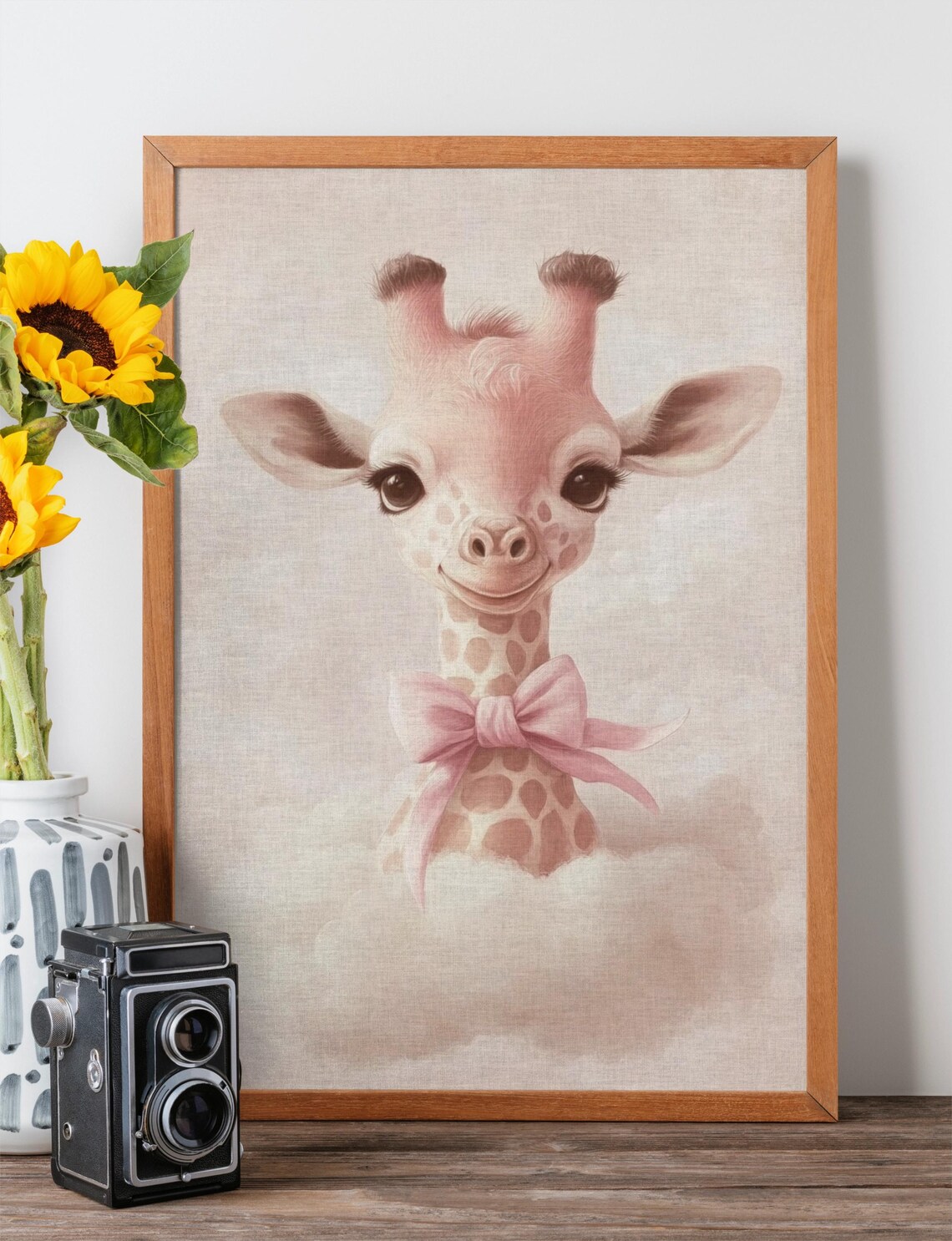 Cute Baby Giraffe Pink Bow Sweet Nursery Kids Room Decor Wall Art