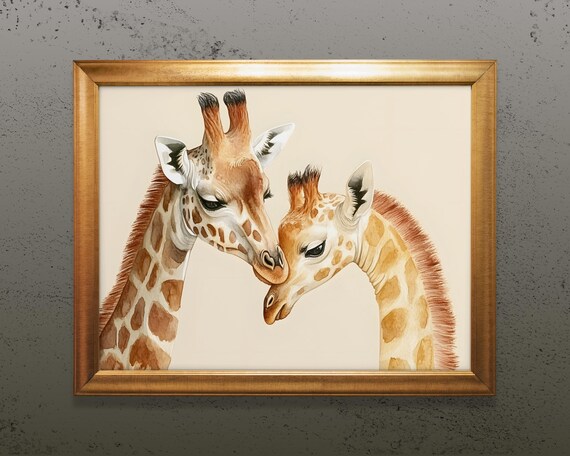 Giraffe Mother And Baby Nuzzling Tender Watercolor Art Print