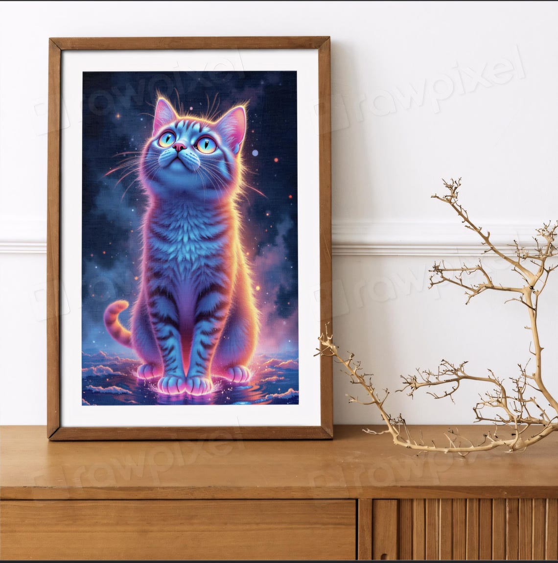 Glowing Neon Blue Kitten Gazing at a Starry Night Sky Poster - Image 6