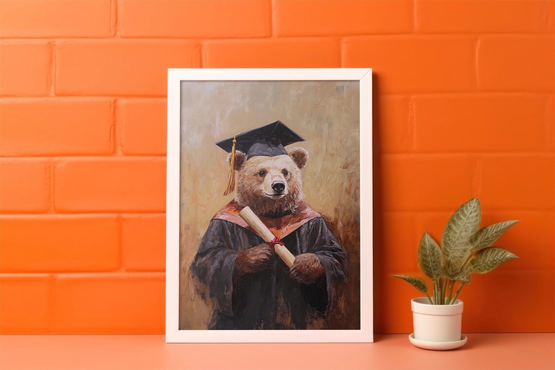 Grizzly Bear in Graduation Cap and Gown Holding Diploma Art Poster - Image 2
