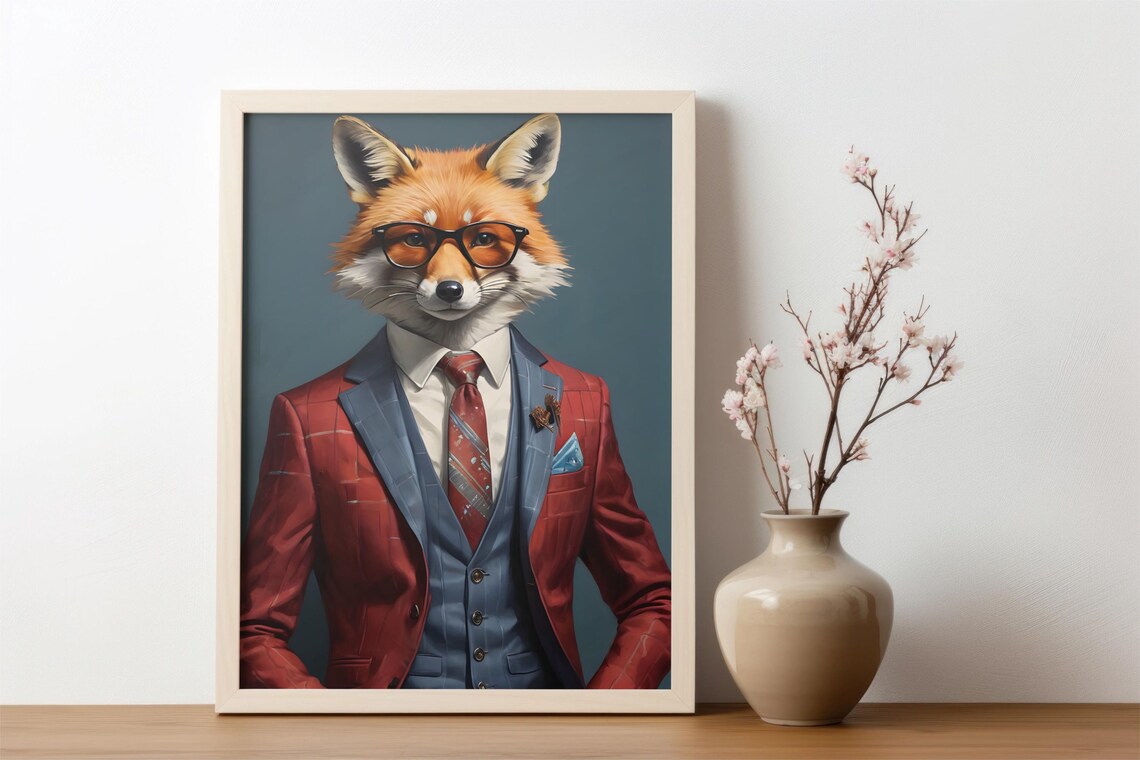 Dapper Red Fox in Burgundy Suit, Vest and Glasses Portrait Poster - Image 5