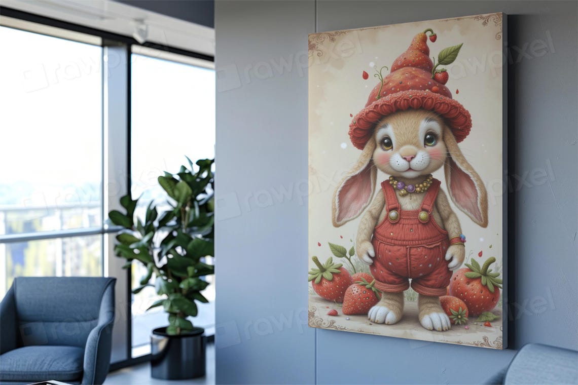 Adorable Lop-Eared Bunny in Strawberry Hat and Red Overalls Poster - Image 3