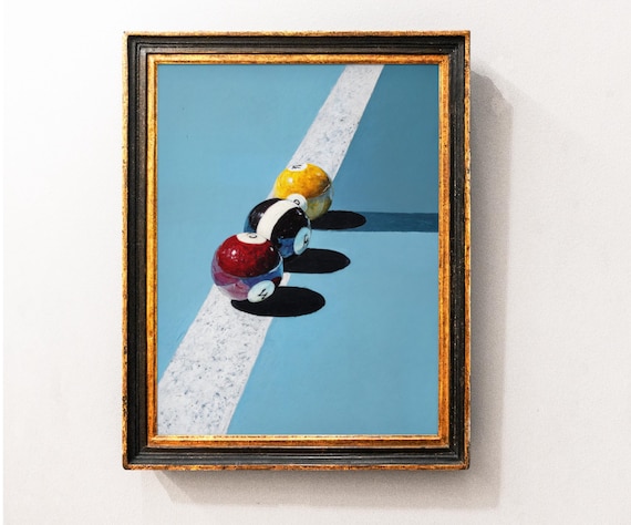 Colorful Billiard Balls Lined Up on a Blue Pool Table Minimal Poster