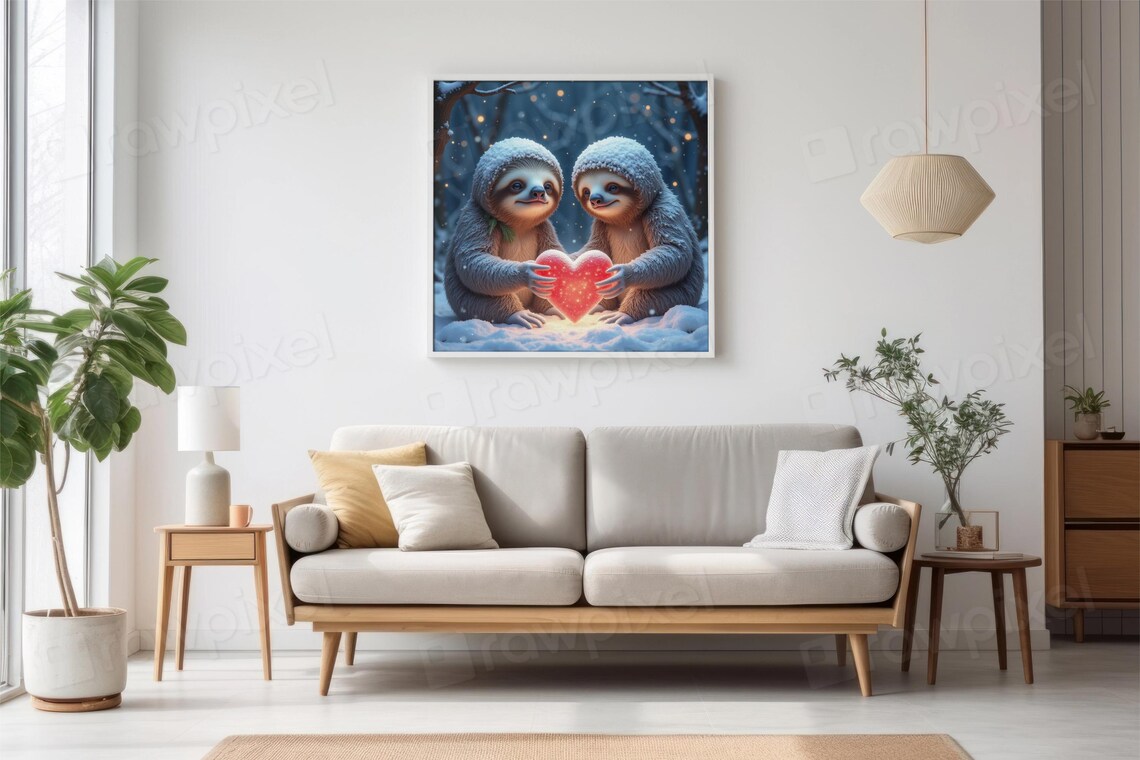 Two Adorable Sloths Holding a Glowing Heart in the Snow Poster - Image 2