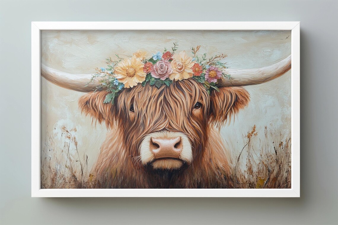 Highland Cow Painting, Moody Vintage Flower Oil Painting