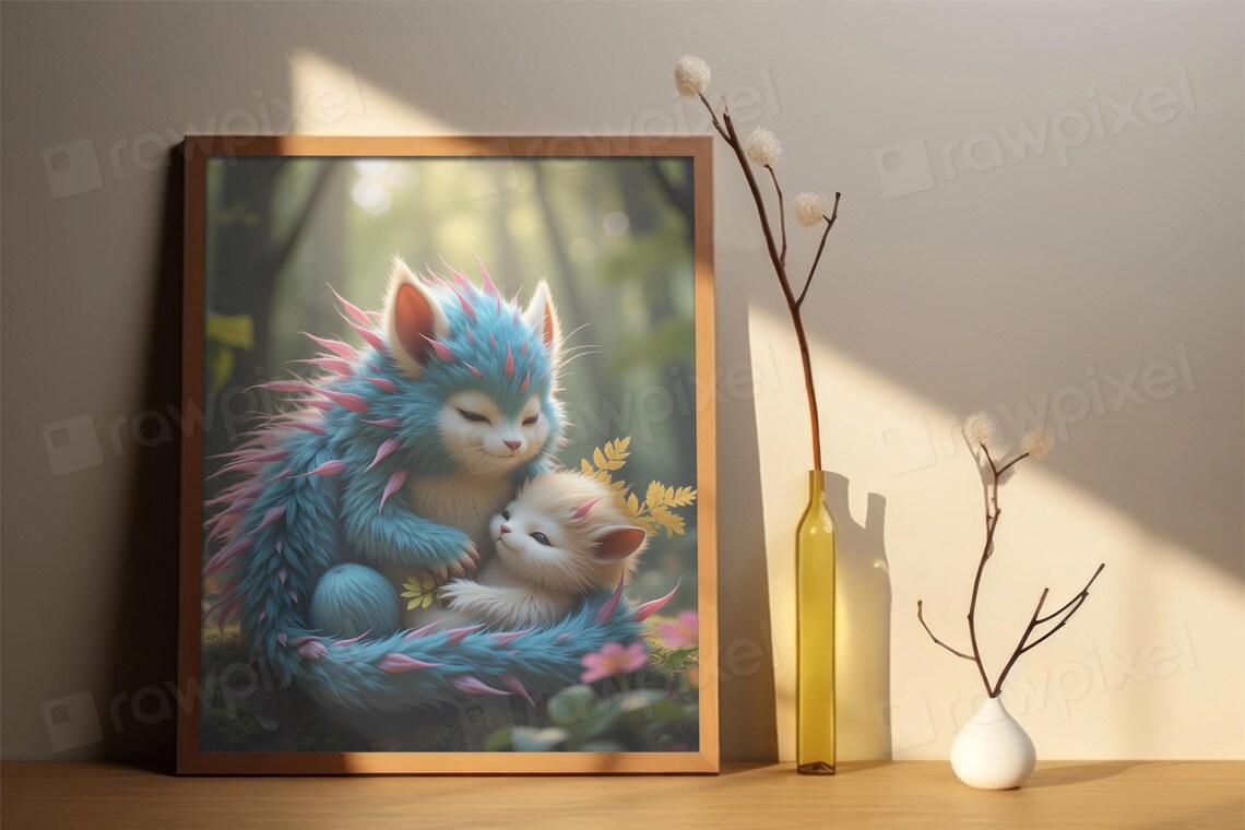 Sweet Mother and Baby Hedgehog Cuddling in a Sunny Forest Poster