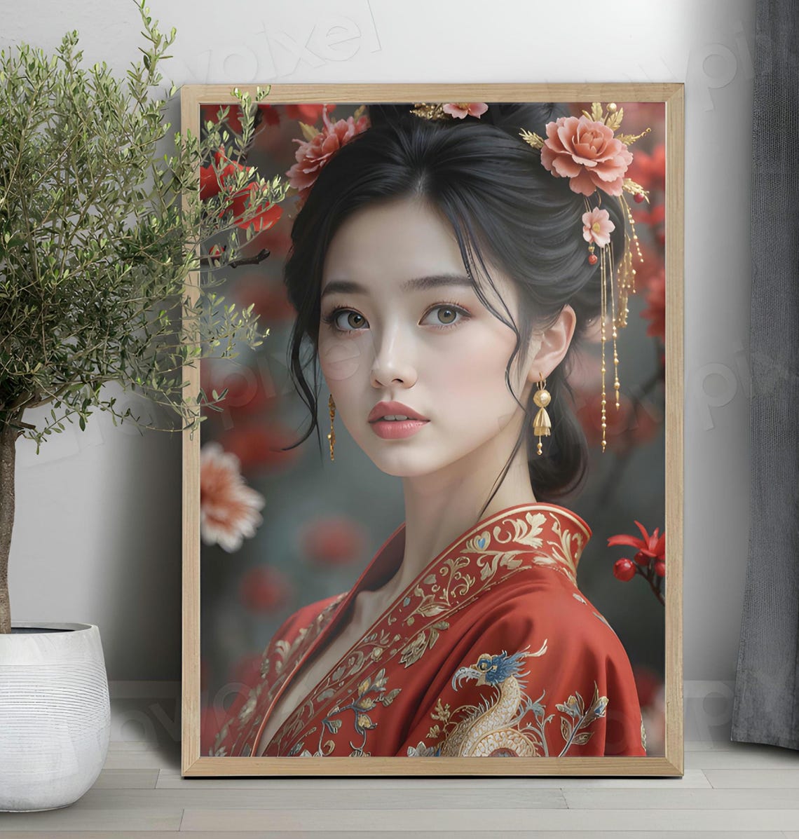 Elegant Woman in a Red Embroidered Robe in a Blooming Garden Poster