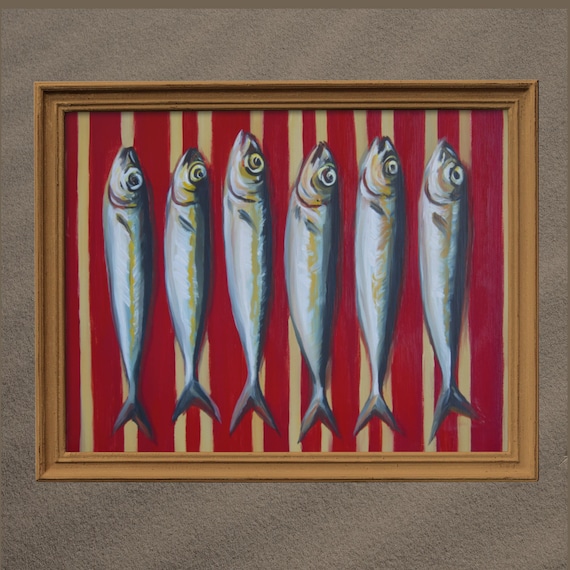Striped Red Sardines Oil Painting Wall Art Print Still Life Antique Fish Kitchen Decor Nautical Home