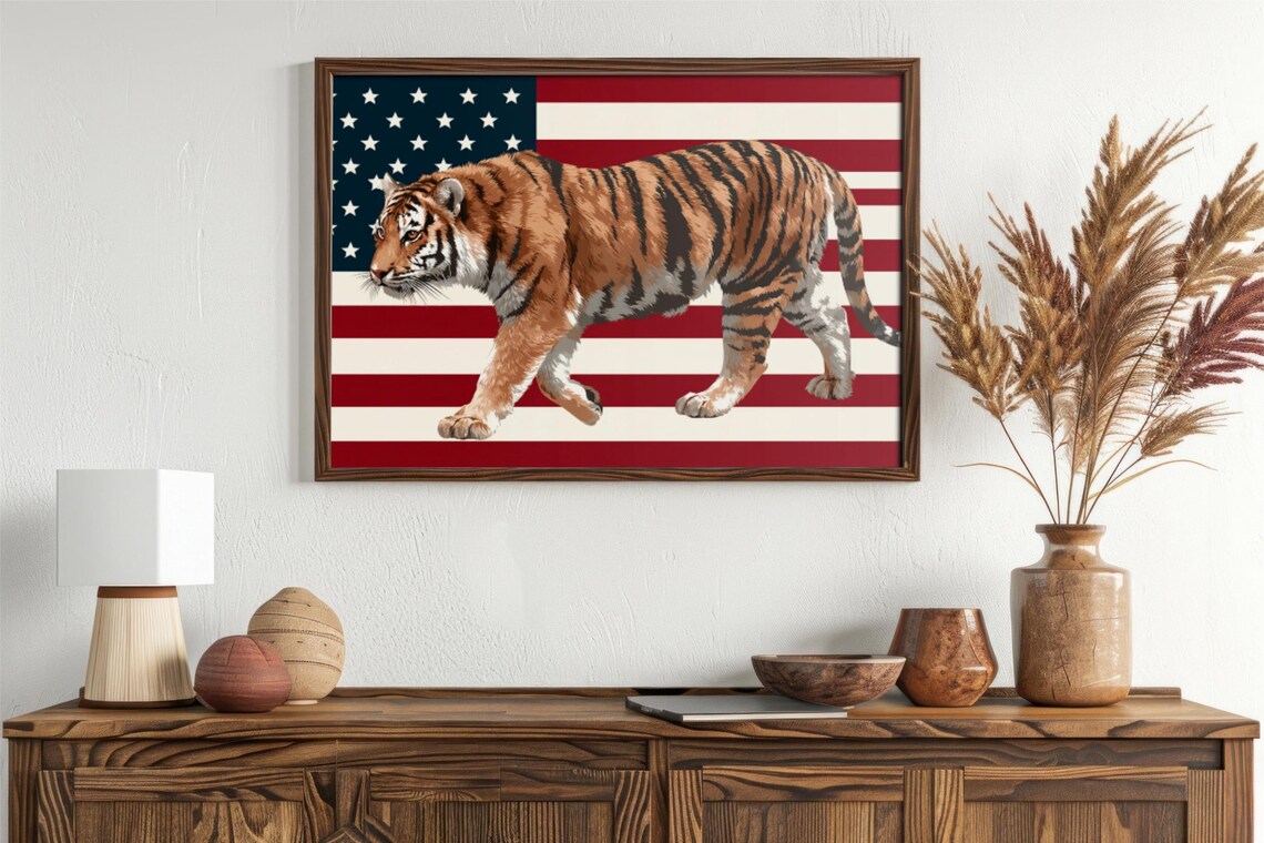 Flag Tiger Wall Art Print Rustic Usa Home Decor Fourth Of July Farmhouse
