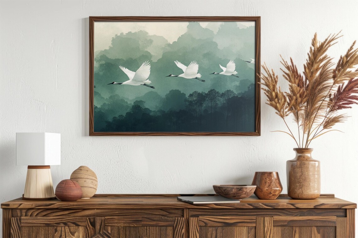 Cranes Flying Vintage Bird Art Print, Japanese Style